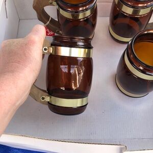 4 Vintage Siesta Ware Viking Glass Beer Mugs Set w Wooden Handles